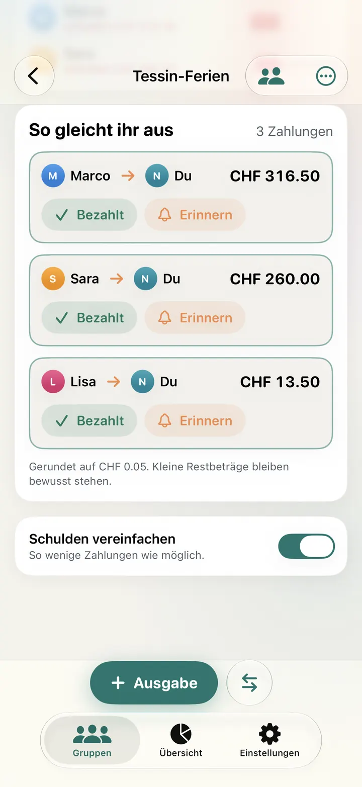 So gleicht ihr aus: drei Zahlungen an dich, CHF 316.50 von Marco, CHF 260.00 von Sara und CHF 13.50 von Lisa