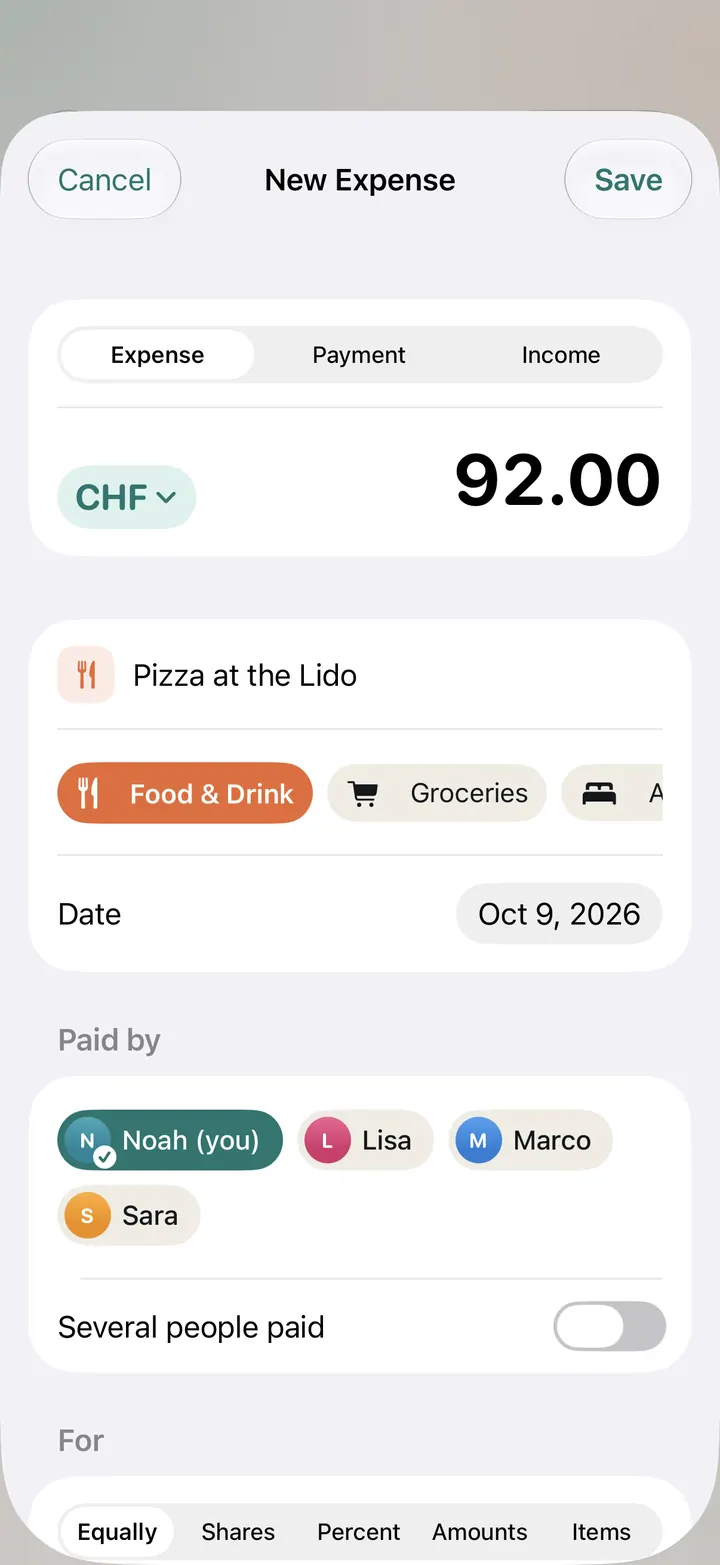 New expense: CHF 92.00 for Pizza at the Lido, category Food & Drink, paid by Noah