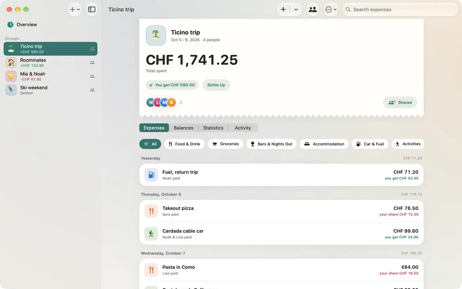 Teilo on the Mac: the sidebar with four groups on the left, the Ticino trip with CHF 1,741.25 and its expenses by day on the right