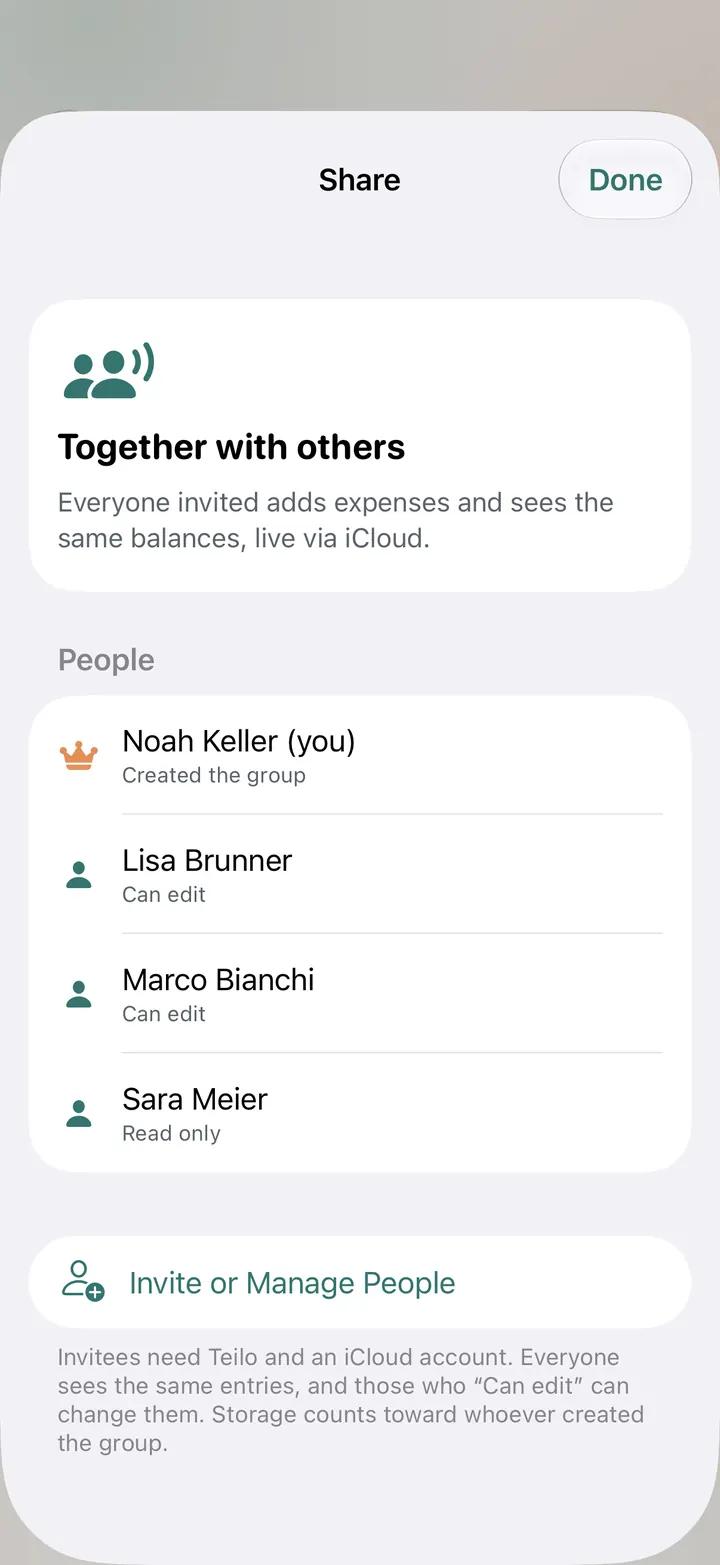 Sharing: Noah created the group, Lisa and Marco can edit, Sara can only read