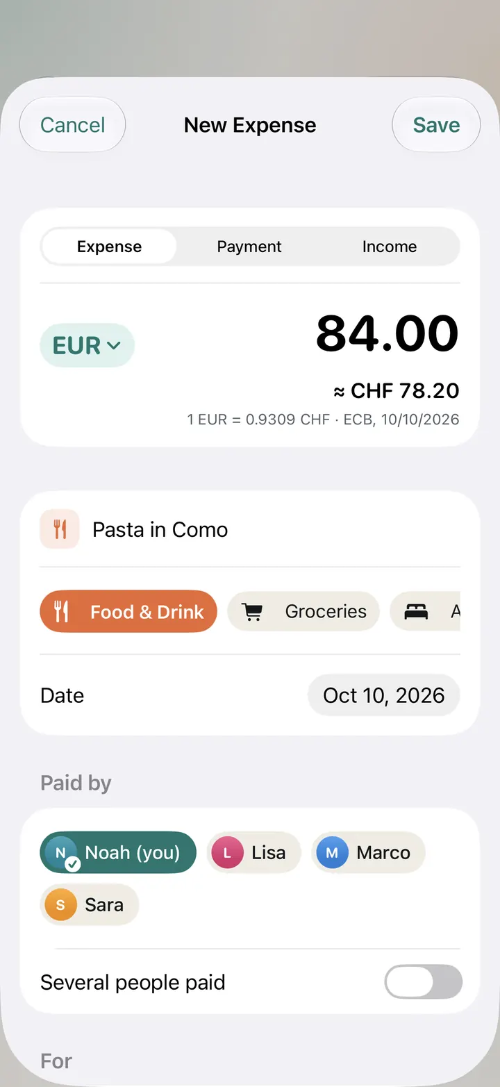 New expense in euros: EUR 84.00 for Pasta in Como, about CHF 78.20 at the European Central Bank rate