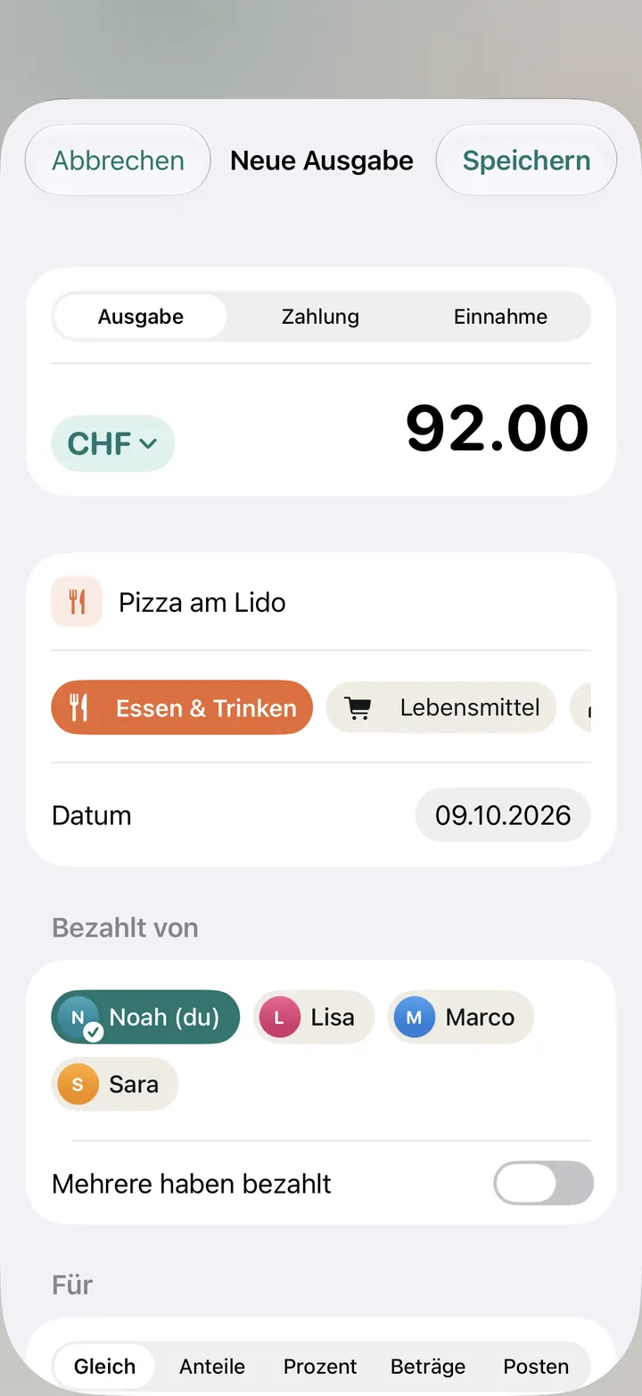 Neue Ausgabe: CHF 92.00 für Pizza am Lido, Kategorie Essen & Trinken, bezahlt von Noah