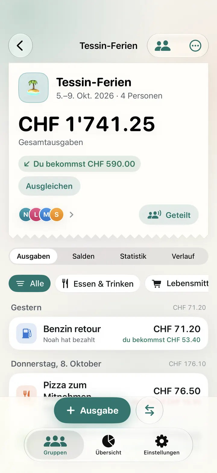Gruppe Tessin-Ferien mit vier Personen, Gesamtausgaben CHF 1'741.25, du bekommst CHF 590.00