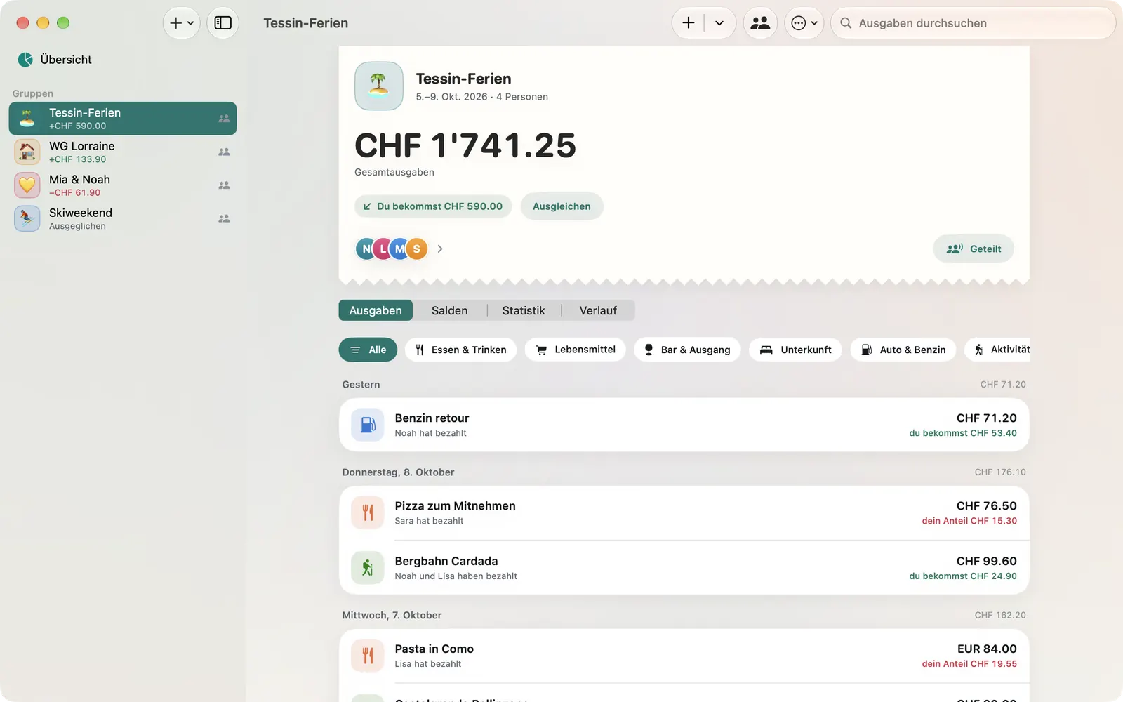 Teilo am Mac: links die Seitenleiste mit vier Gruppen, rechts die Tessin-Ferien mit CHF 1'741.25 und den Ausgaben nach Tagen