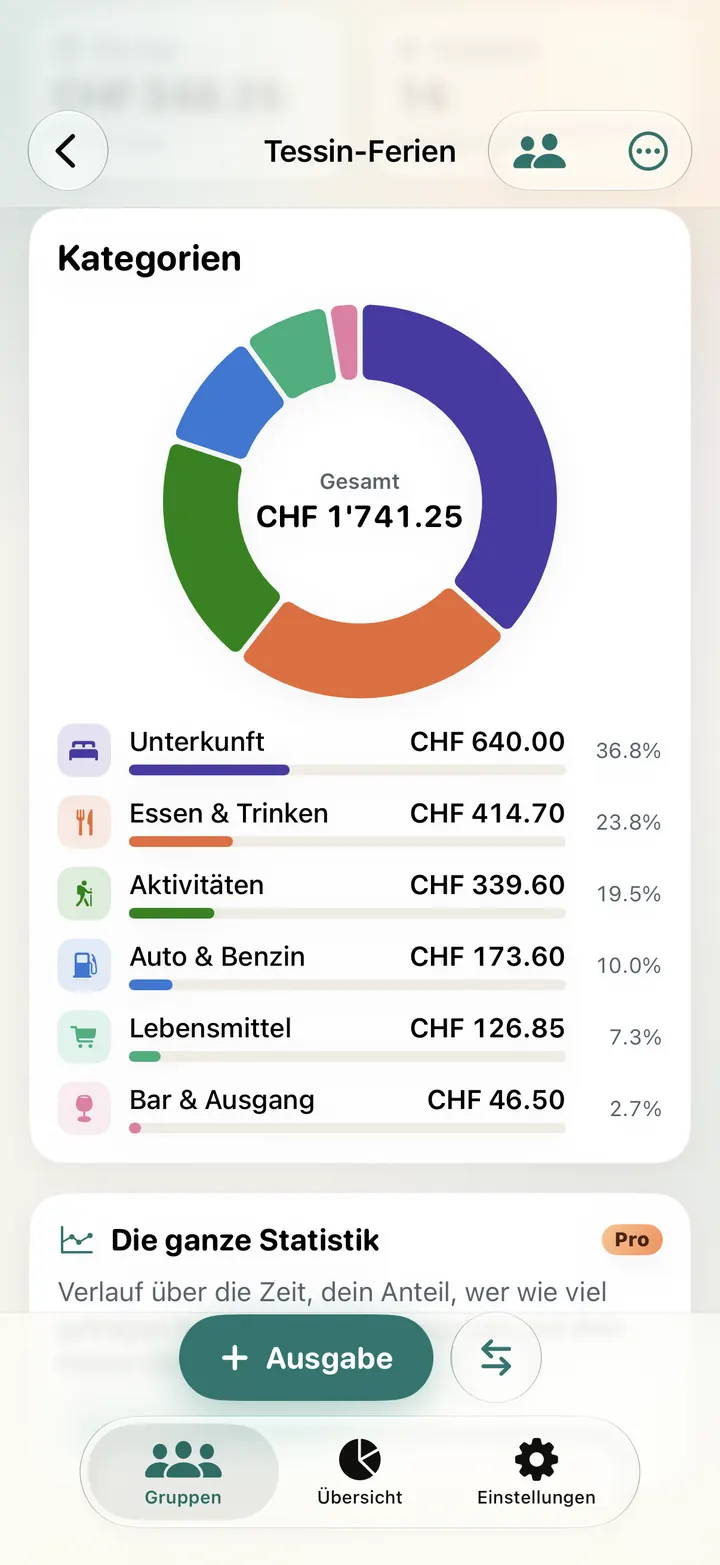 Statistik der Tessin-Ferien: Kategorien als Ring, am meisten für die Unterkunft mit CHF 640.00