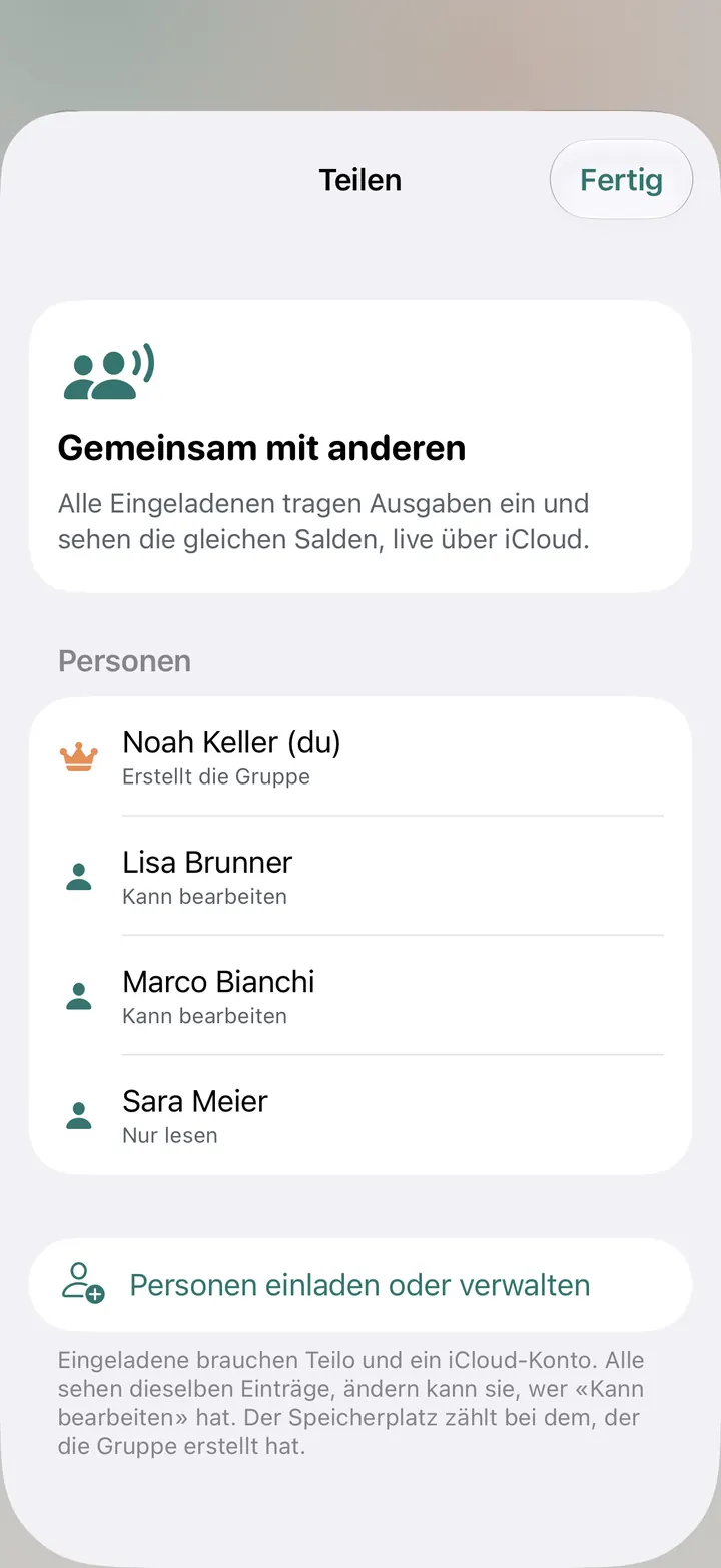 Teilen: Noah hat die Gruppe erstellt, Lisa und Marco können bearbeiten, Sara kann nur lesen