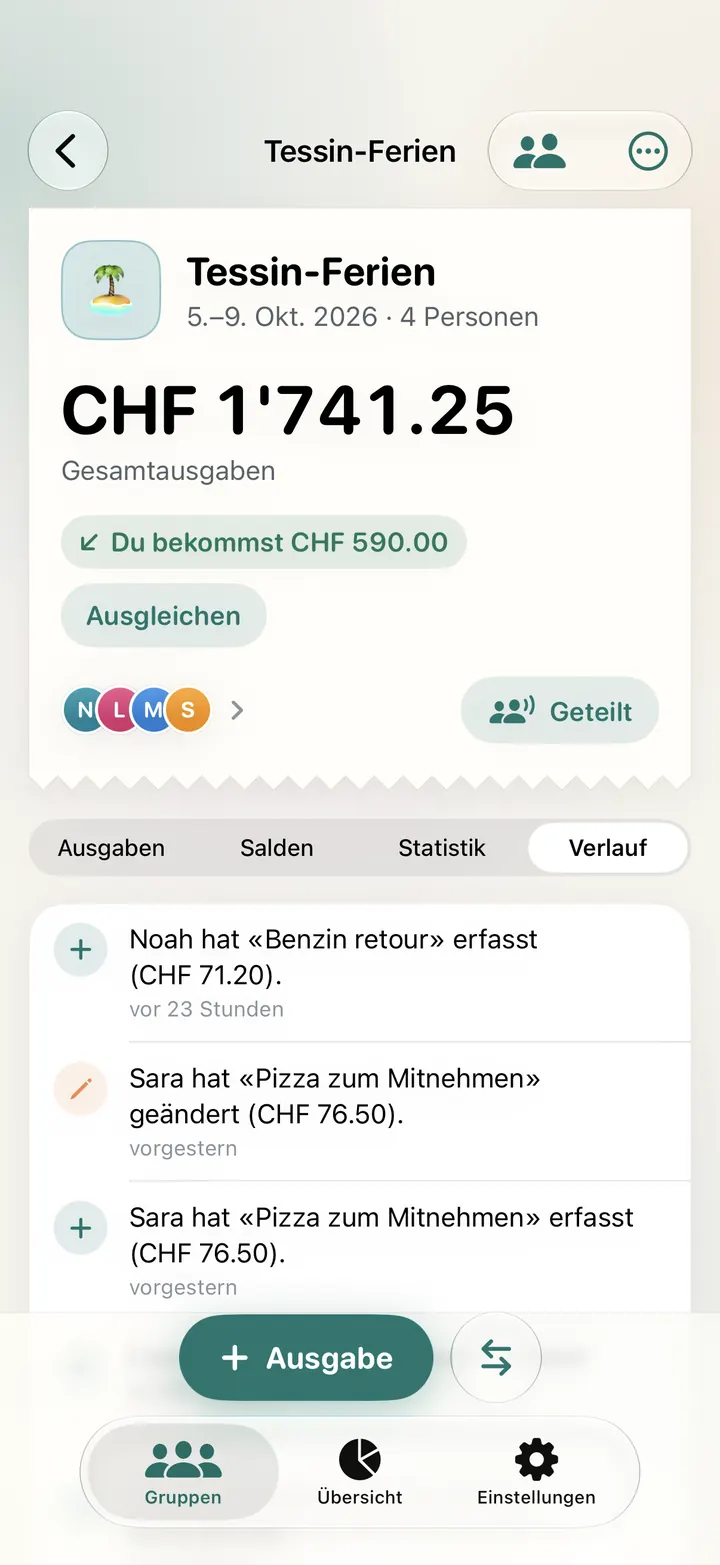Verlauf: Noah hat «Benzin retour» erfasst, Sara hat «Pizza zum Mitnehmen» geändert