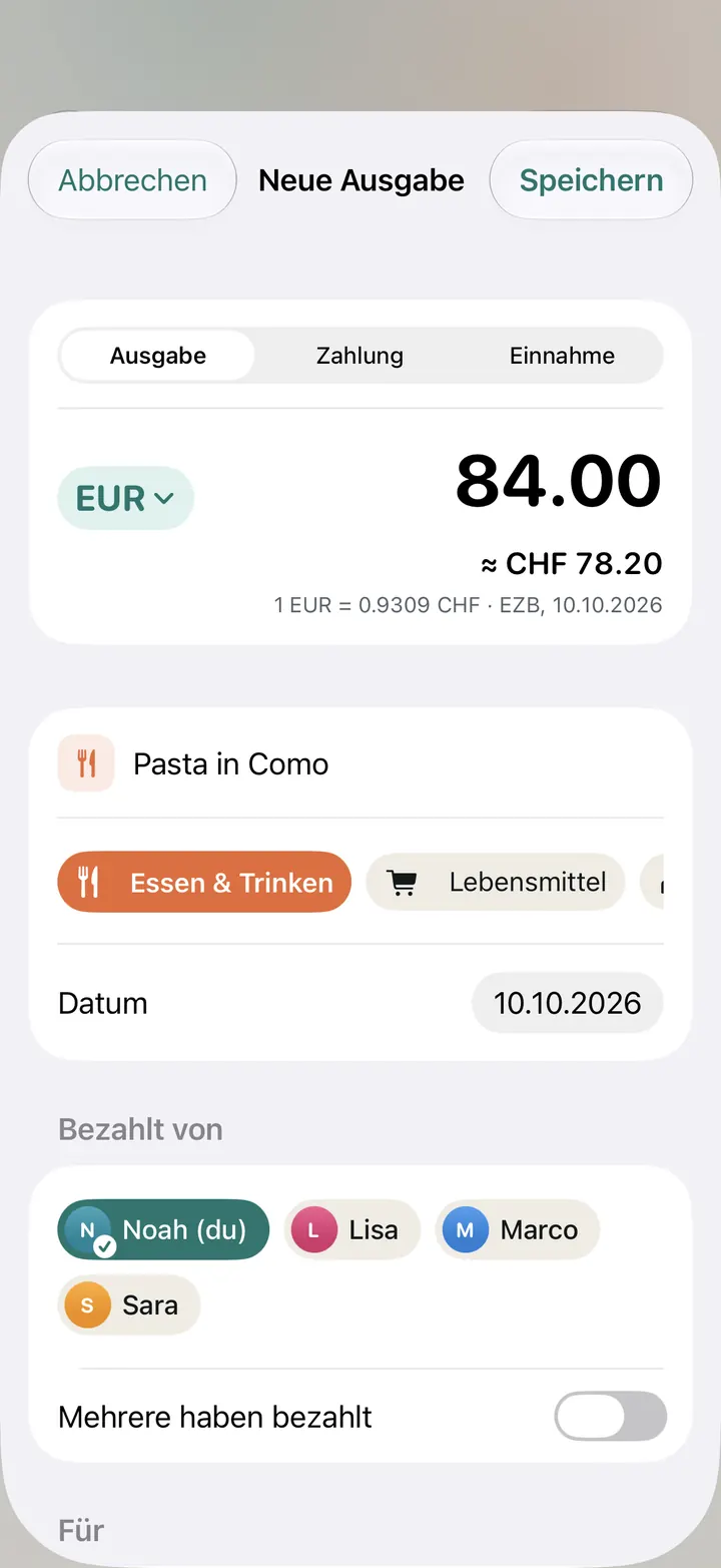 Neue Ausgabe in Euro: EUR 84.00 für Pasta in Como, umgerechnet rund CHF 78.20 zum Kurs der Europäischen Zentralbank