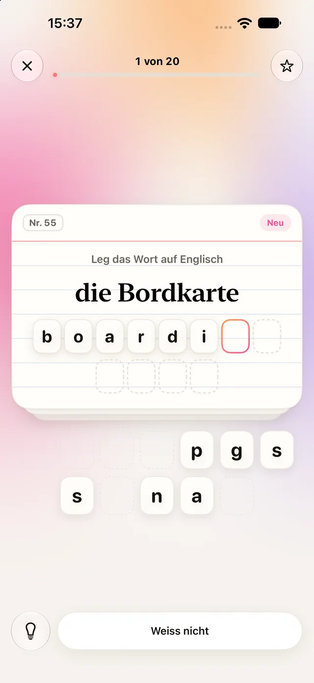 Buchstaben legen: «die Bordkarte», die ersten Buchstaben von «boarding pass» liegen schon