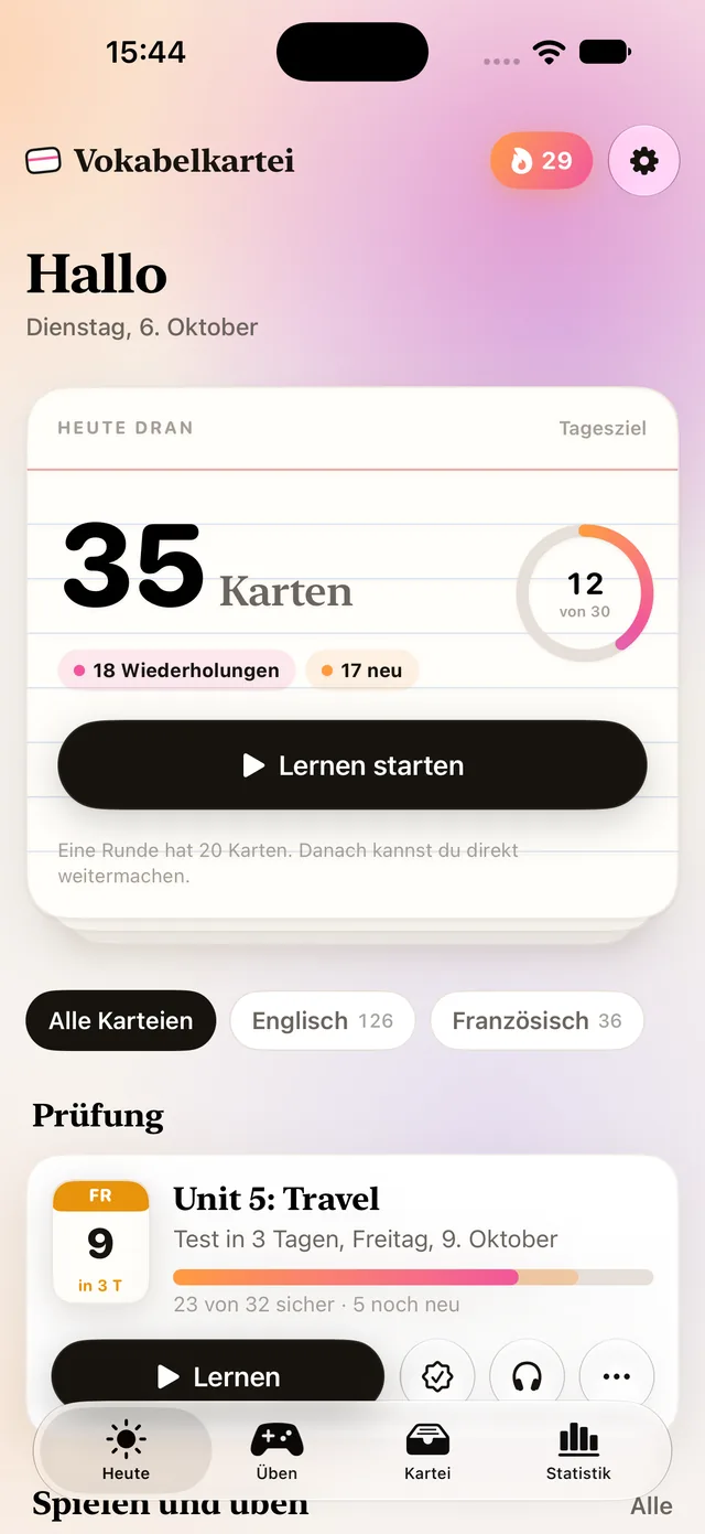 Ansicht «Heute»: 35 Karten fällig, Prüfung «Unit 5: Travel» in drei Tagen