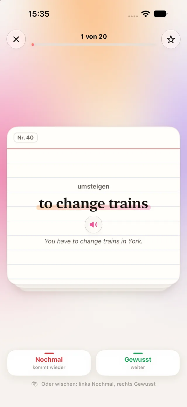 Karteikarte aufgedeckt: umsteigen, to change trains
