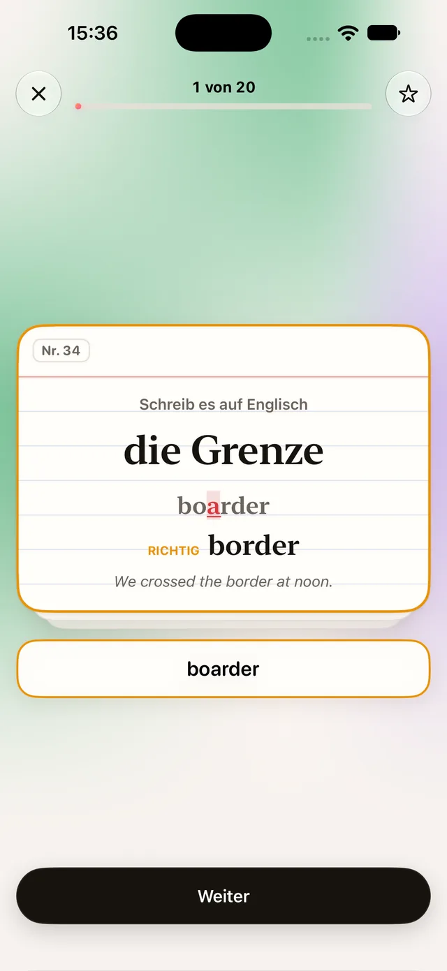 Schreiben: «boarder» statt «border», der zusätzliche Buchstabe ist rot markiert