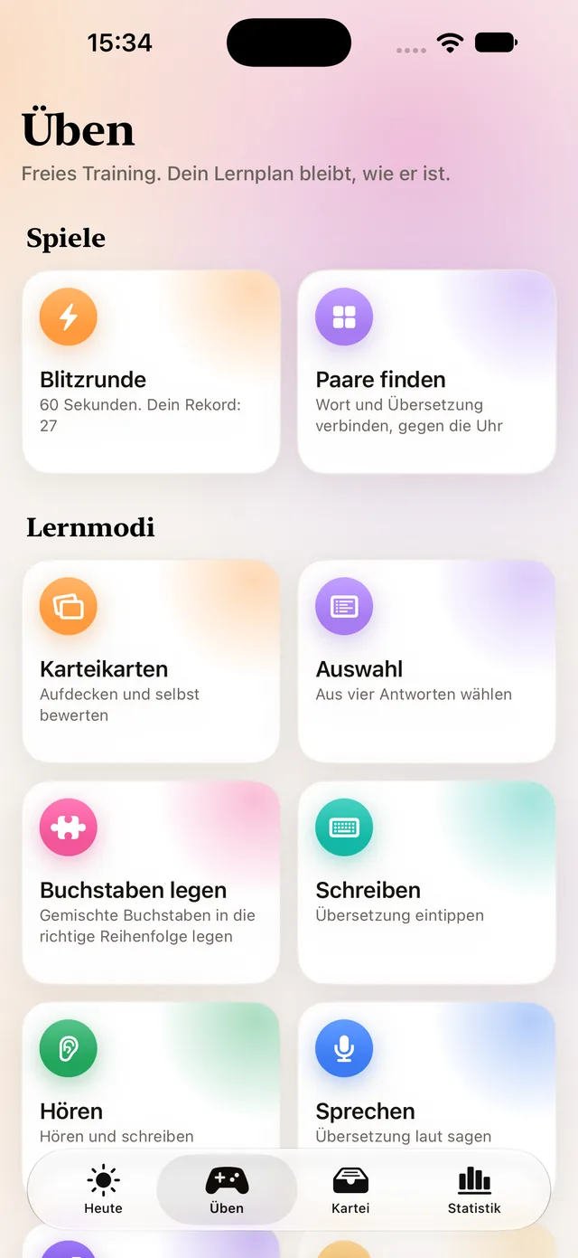 Üben: Spiele, Lernmodi und Unterwegs hören